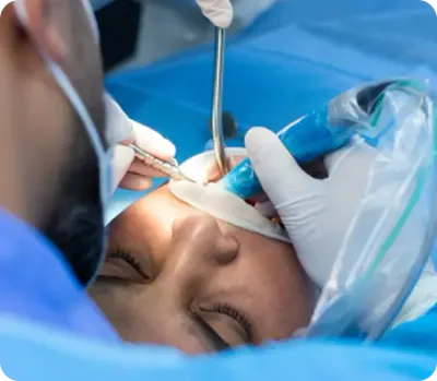 Close-up of a dental surgeon performing an oral procedure on a patient under blue surgical drapes.