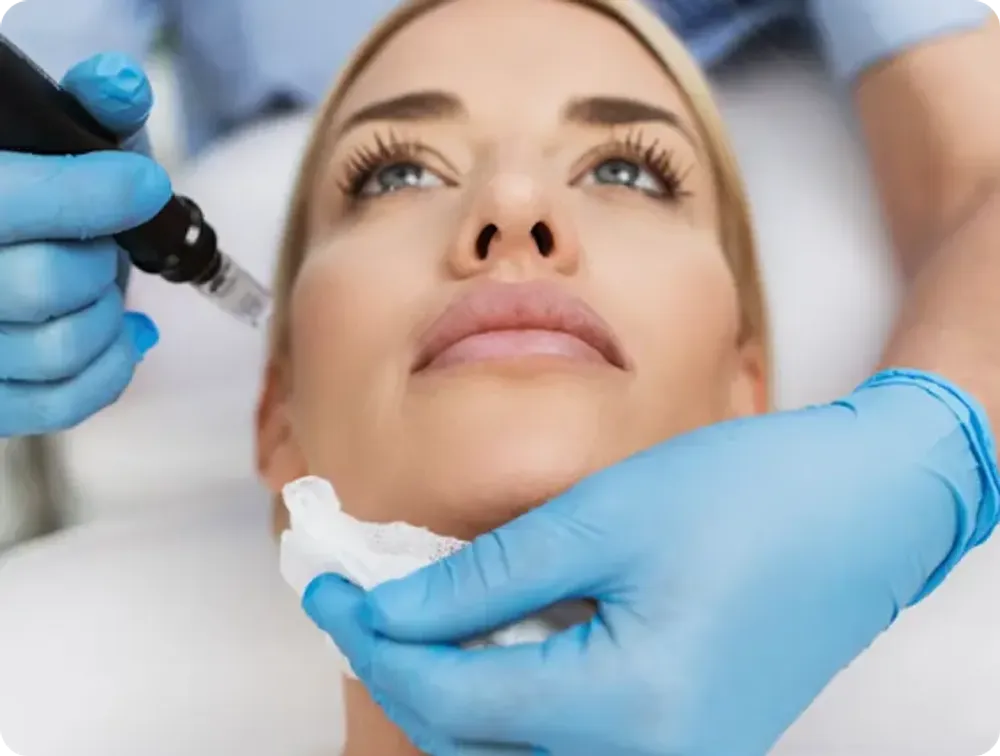 A blonde woman looking upward while receiving a microneedling service